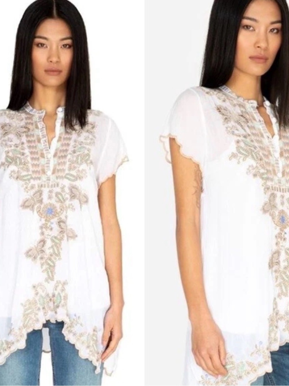 Johnny Was White Tunic with Beige and Beautiful Embroidery